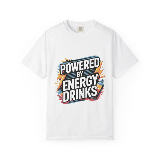 Powered by Energy Drinks T-Shirt — Funny Gamer & Student Graphic Tee - wearecho